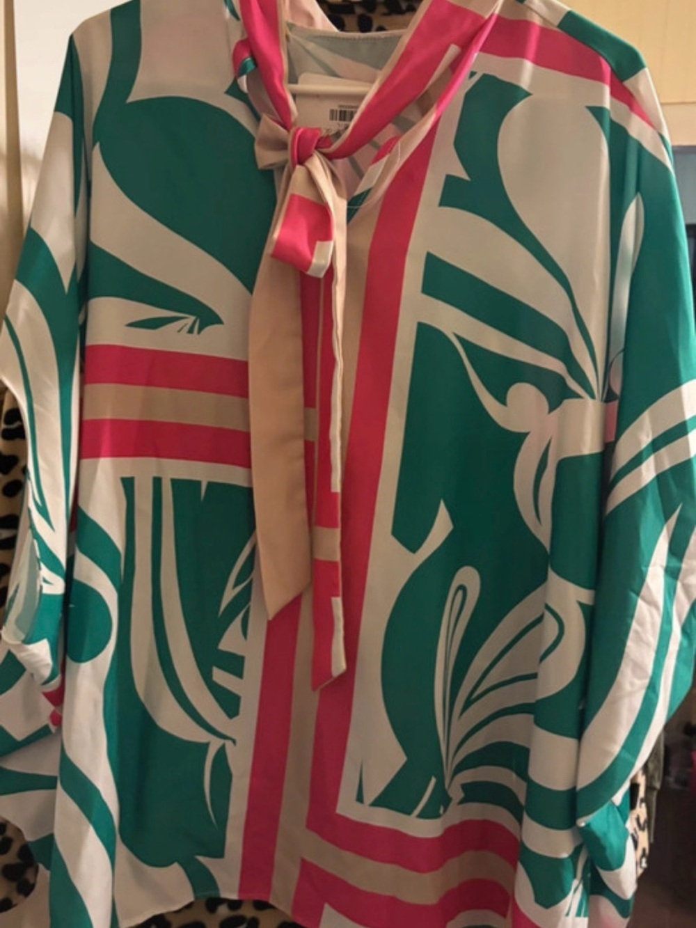 Tyche Teal, Pink & Cream Tie-Neck Patterned Blouse